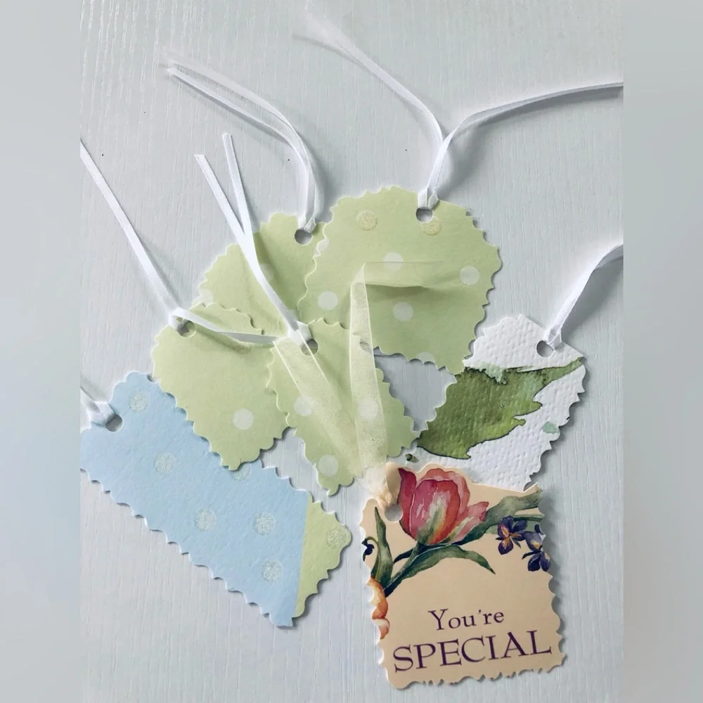 Decorative Gift Tags Set of 16 Heavy card stock satin ribbon ties floral & dot